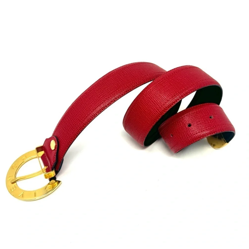 Givenchy Vintage Red Vachette Leather Belt – 35″ x 1.75″, Gold Logo Buckle